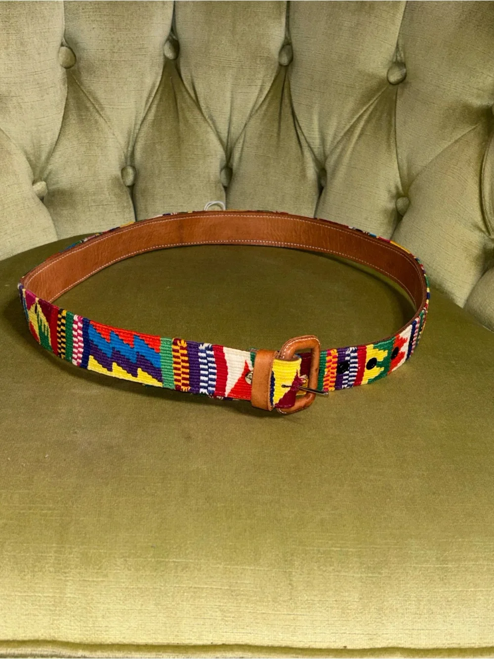 VTG Guatemalan Multicolor Hand Woven Handmade Leather Belt Unisex 36 Boho Hippie